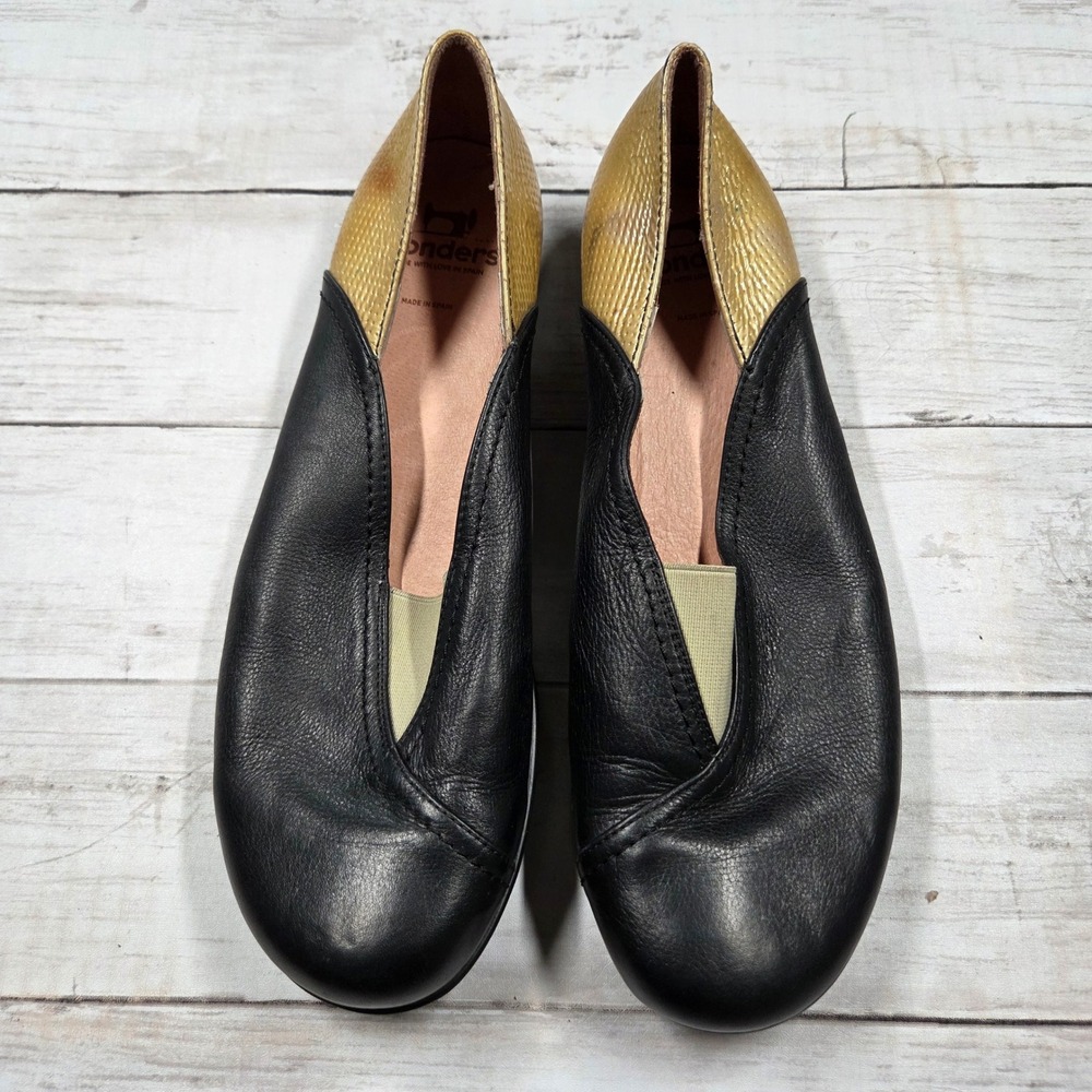 Wonders Ballet Flat Women 40(9) Black Gold A 6960 Leather Made in Spain Metallic